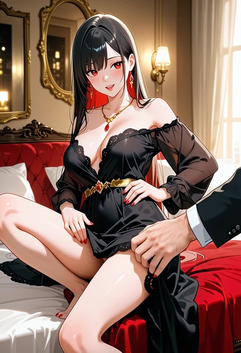AI Porn Video of an Anime-Style Woman with Long Black Hair and Red Eyes Seated in a Luxurious Boudoir
