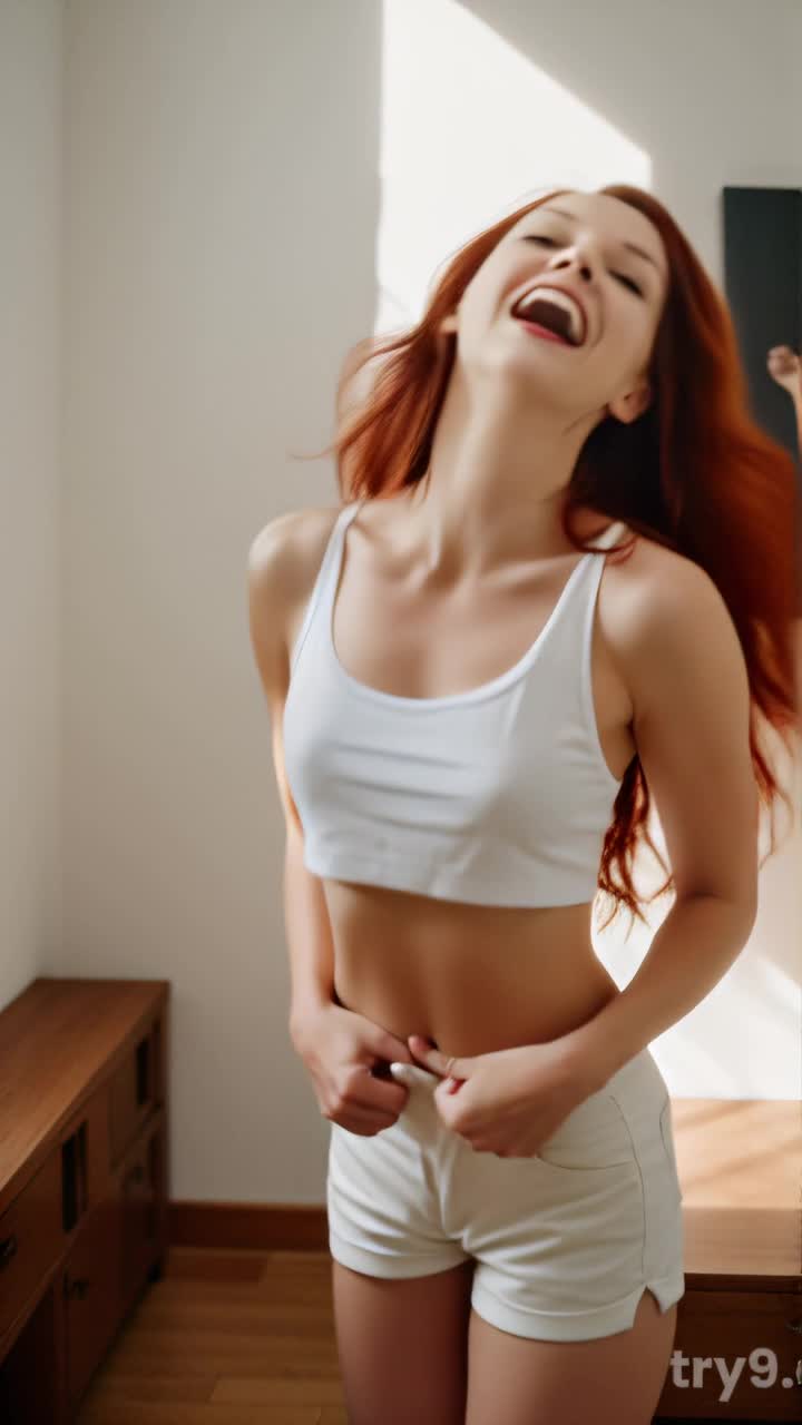 AI Porn Video of a cheerful young woman in crop top attire, experiencing rough pleasure with BBC in realistic style