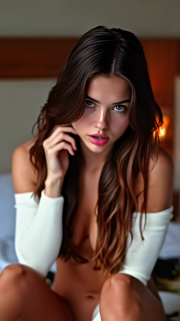 AI Porn Video of a Caucasian Brunette with Green Eyes Posing in a Bedroom