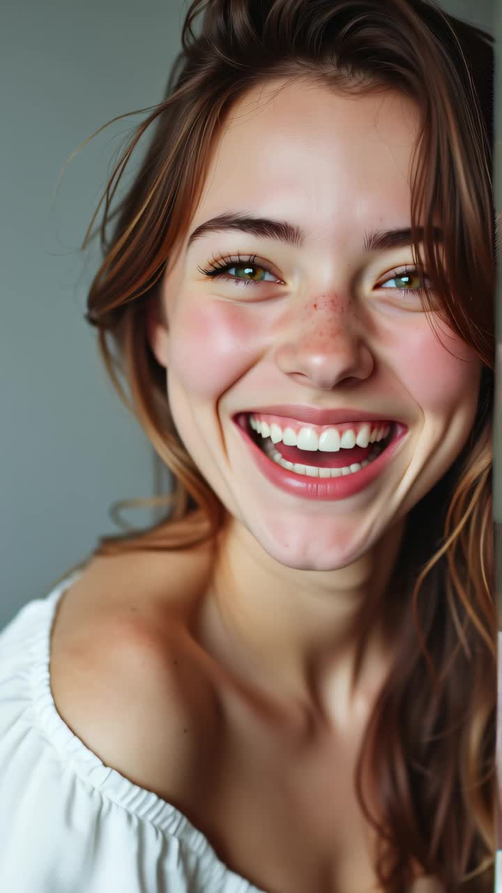 AI Porn Video of a Brunette Caucasian Woman with Bangs Laughing and Smiling