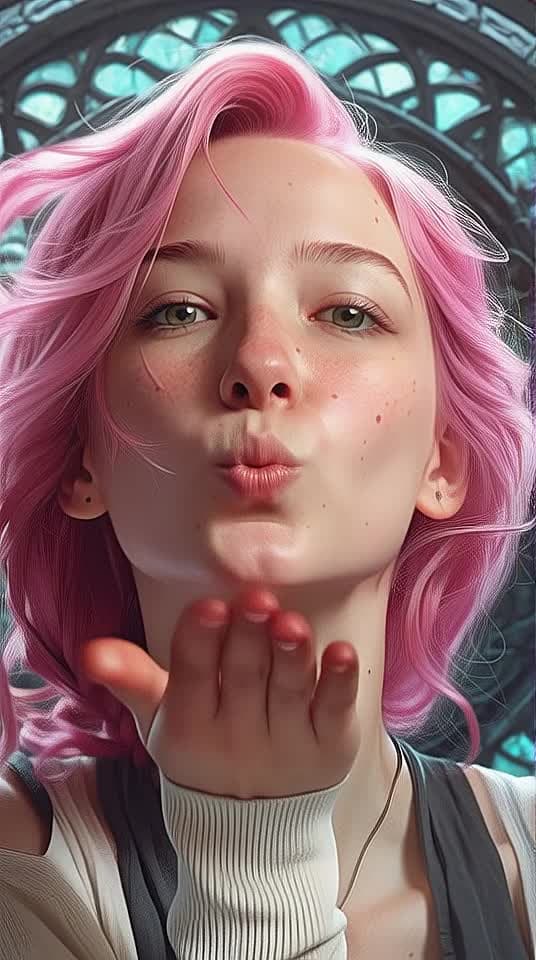 AI Porn Video of a Pink-haired Woman with a Necklace Blowing a Kiss in a Realistic Style