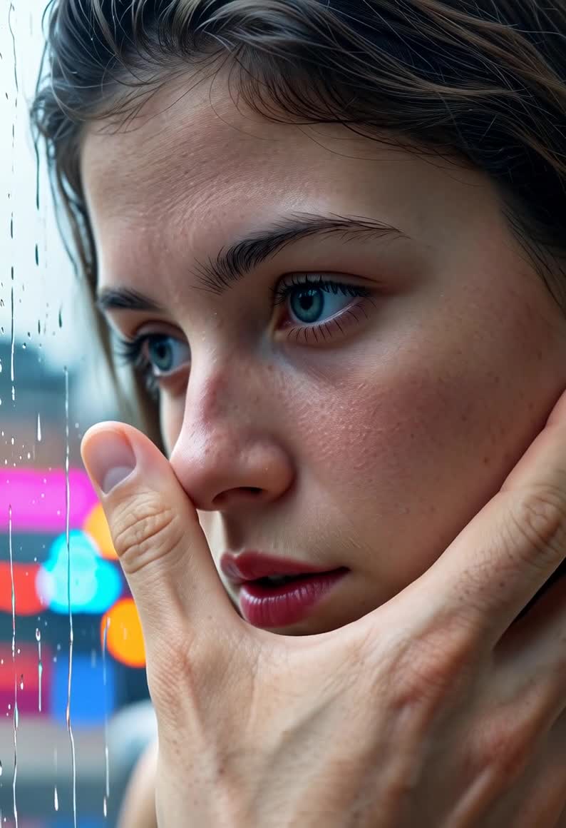 AI Porn Video of a Realistic Brunette Woman with Blue Eyes Staring Through a Rain-Streaked Window