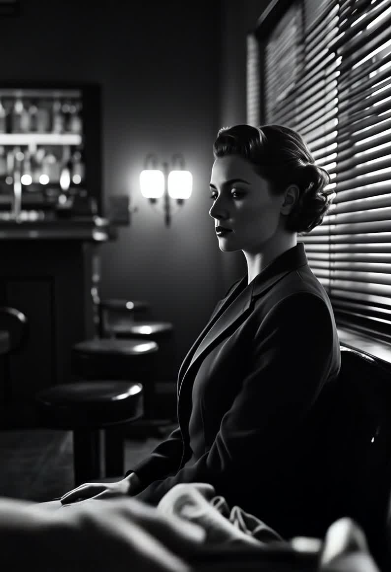 AI Porn Video of an Enigmatic Woman in a Business Suit Posing in a Jazz Club Lounge