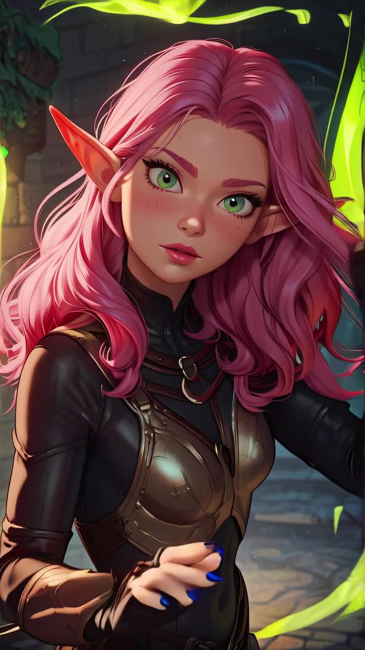 AI Porn Video of a Caucasian Girl with Pink Hair and Green Eyes in a Seductive Pose Blinking Naturally