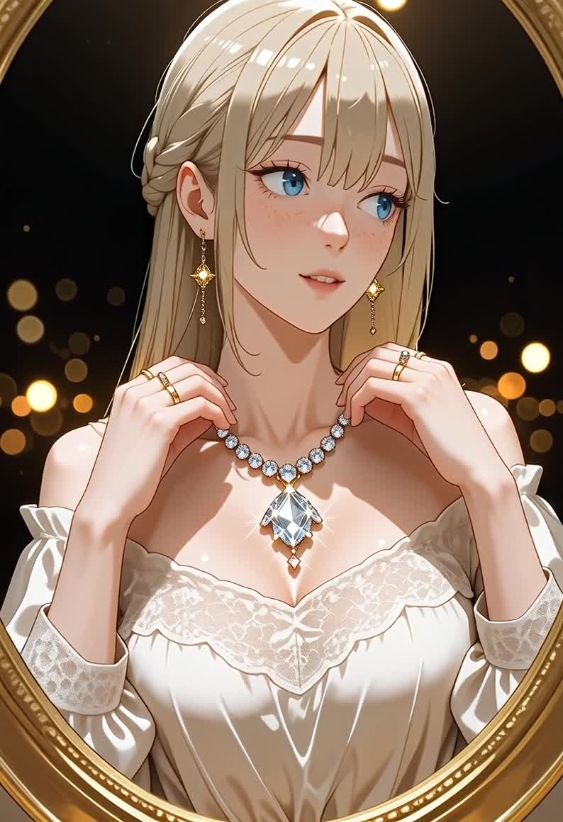 AI Porn Video of an Anime-Style Blonde Haired Woman Adorning a Necklace in a Bathroom