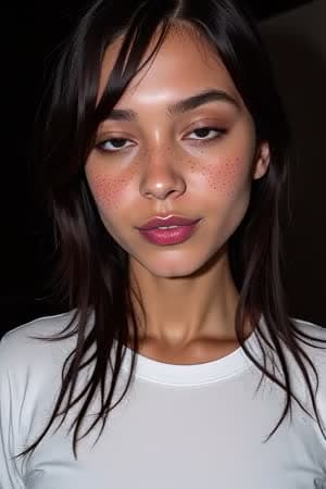 AI Porn Video of a Brunette Caucasian Woman with Freckles in Subtle Low-Light Animation