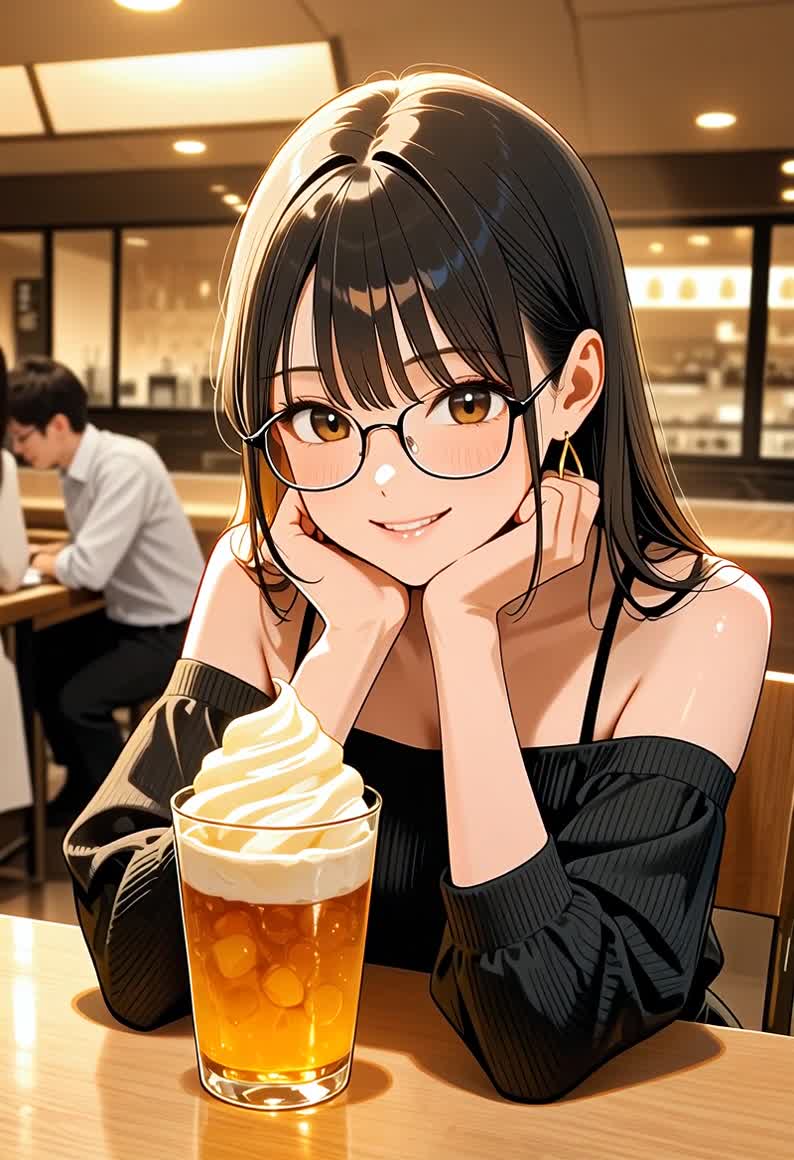 AI Porn Video of a Brunette Woman with Glasses in a Modern Restaurant Setting