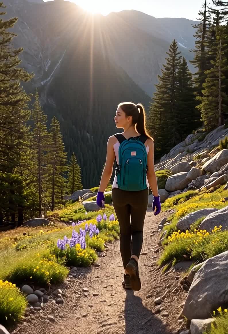 AI Porn Video of a Brunette Woman Hiking in a Mountain Trail at Golden Hour